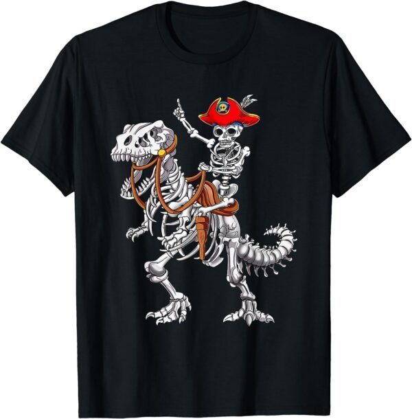 Skeleton Pirate Riding Skeleton Dinosaur Halloween Spooky T-Shirt