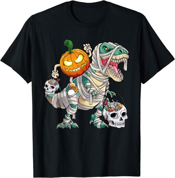 Pumpkin Riding Mummy Dinosaur T rex Halloween Funny Skeleton T-Shirt