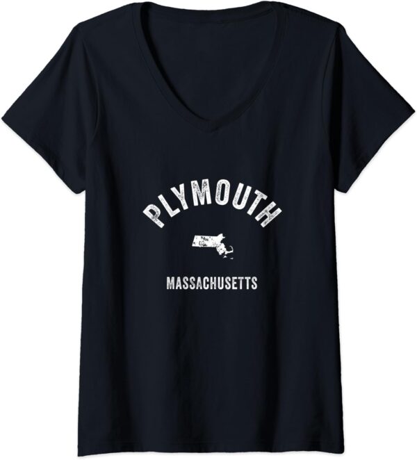 Womens Plymouth Massachusetts MA Vintage 70s Athletic Sports Design V-Neck T-Shirt