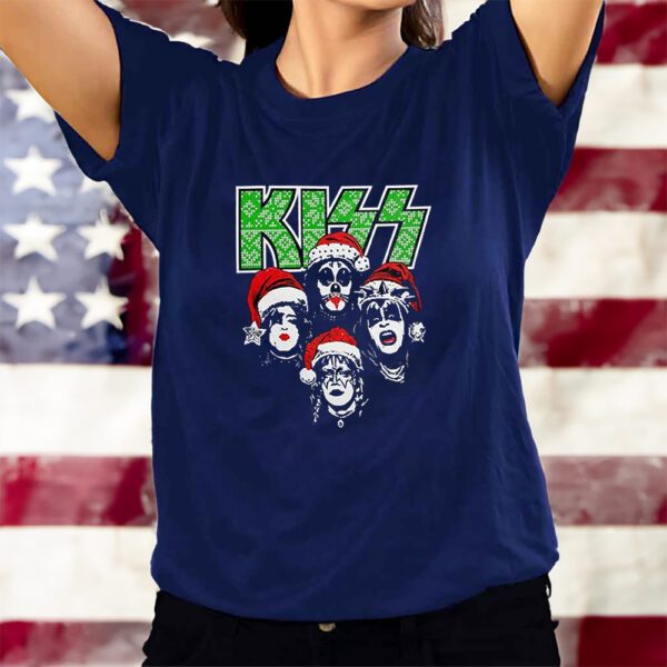 Kiss Debut Album Cover With Santa Hats Kissmas Green Logo Christmas T-Shirts