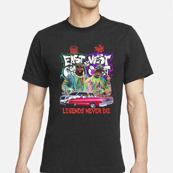 Biggie Smalls East Coast Vs Tupac Shakur West Coast Legends Never Die T-Shirt