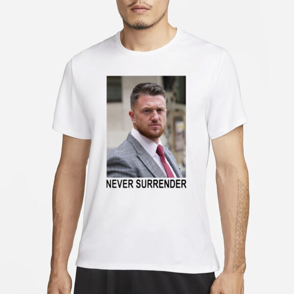 A Woman In London Tommy Robinson And Trump Mugshot Never Surrender T-Shirt3