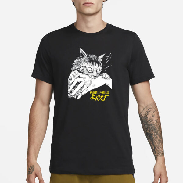 Zade Wearing Junji Ito's Cat Diary Yon & Mu Cat Bite T-Shirt3